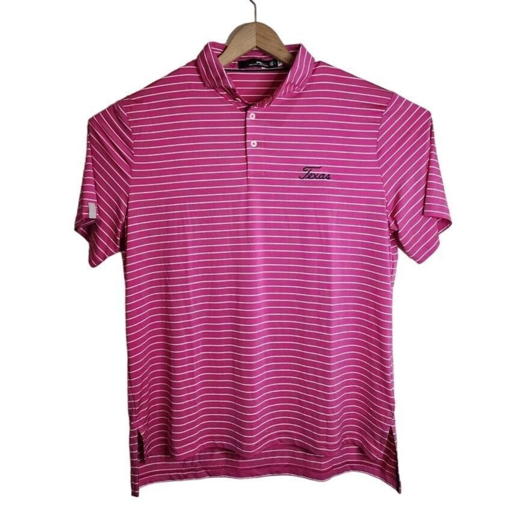 RLX Ralph Lauren Polo Shirt Mens Large Pink Striped Texas Golf Performance Short